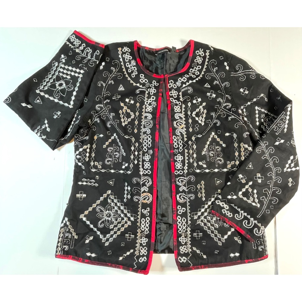 Notations Embroidered Jacket Women Medium Black Silver Boho Open Front Festival